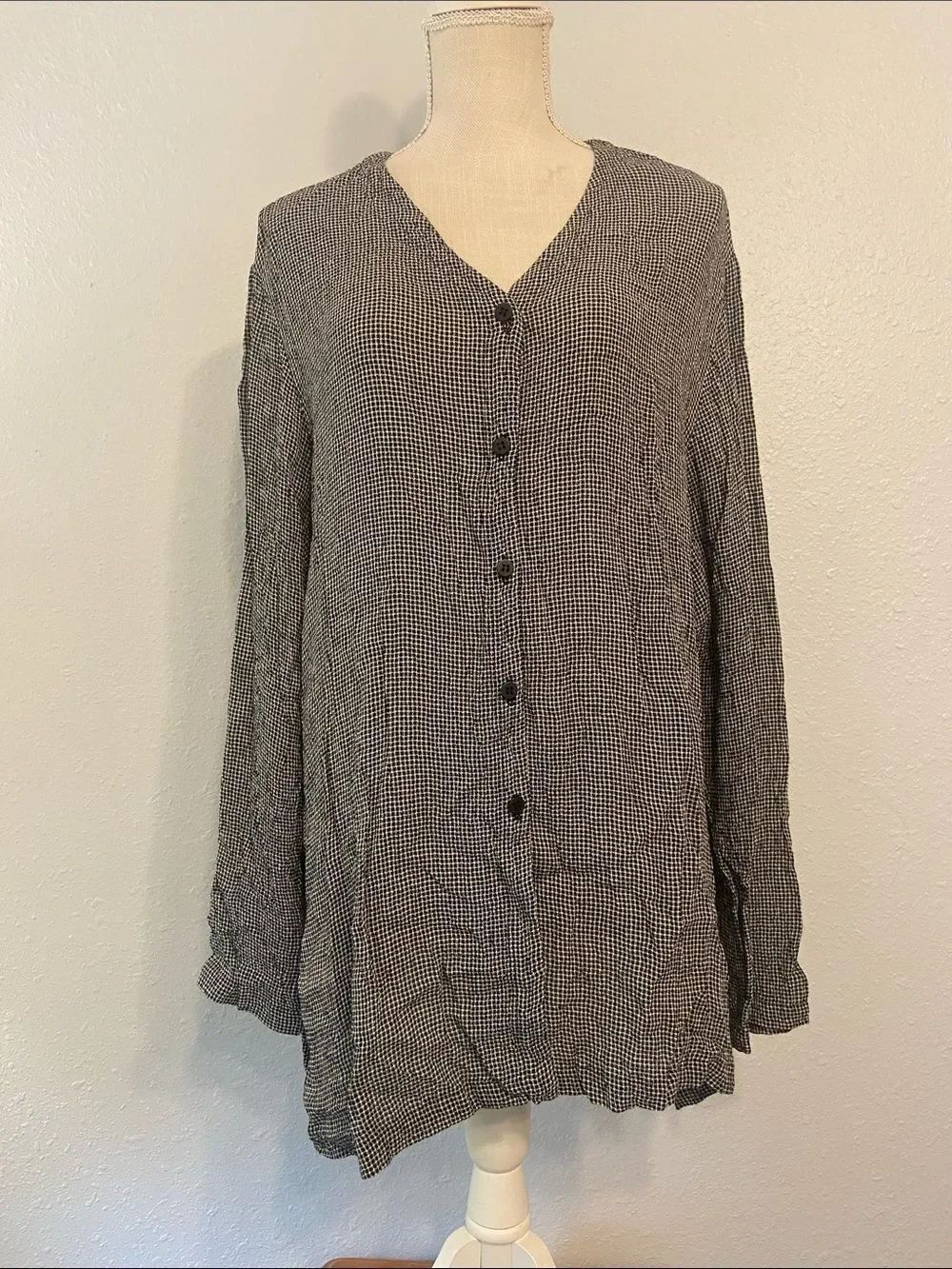 Eileen Fisher Vintage Black & White Plaid Long Sleeve Button Up Blouse Size L